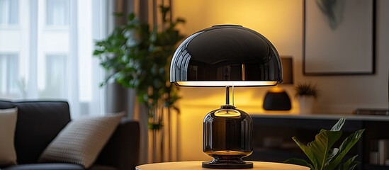 Aufkleber - Stylish black dome lamp on wooden table with soft warm lighting, potted plant in foreground, cozy modern living room setting in shades of beige and green.