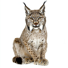 Wall Mural - iberian lynx sitting on white background, looking alert