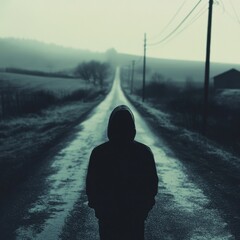 Wall Mural - lonely figure on a misty road