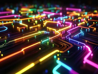Wall Mural - colorful neon circuit board, glowing lines, digital technology, abstract background, tech concept