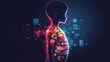 © Chaikit - Profile view child silhouette split down middle, cross-section stomach area showing contrasting diets, left half with animated junk food creating inflammation indicators, right half with glowing