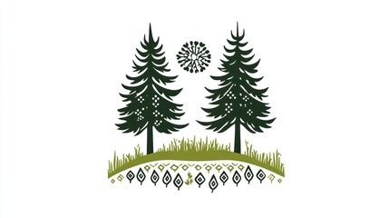 Two stylized pine trees on a grassy hill, symbolic design. Possible use for a logo, poster, or website background