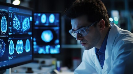 Scientist Analyzing Brain Data on Computer Interface Technology