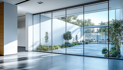 Poster - modern interior space featuring large glass sliding doors, showcasing serene garden view with greenery and natural light