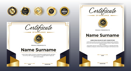 Wall Mural - certificate of achievement award template design. black and gold shape. a4 size horizontal and verti