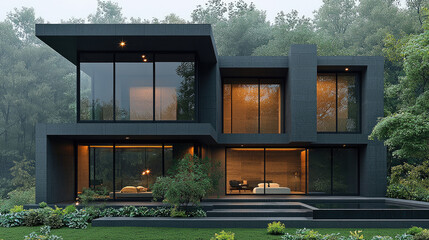 Poster - Modern house design with large windows, surrounded by greenery, showcasing sleek aesthetic and inviting atmosphere