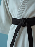 Close-up of a karate uniform with a black belt.