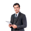 © suphaporn - Confident Business man Holding a Tablet computer in a Black Suit, isolated on a transparent background, Professional Appearance for Corporate, Technology, and Business Themes
