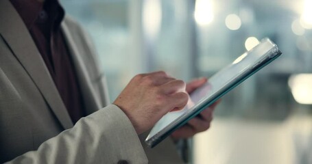 Aufkleber - Business person, hands and browsing with tablet for social media, communication or online network at office. Closeup, employee or data analyst scrolling with technology for corporate analysis or app