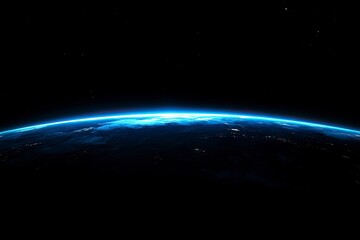 Abstract blue glowing light with a gradient from dark to bright on a black background, a planet Earth horizon line, and a space background for design and decoration in space themes,