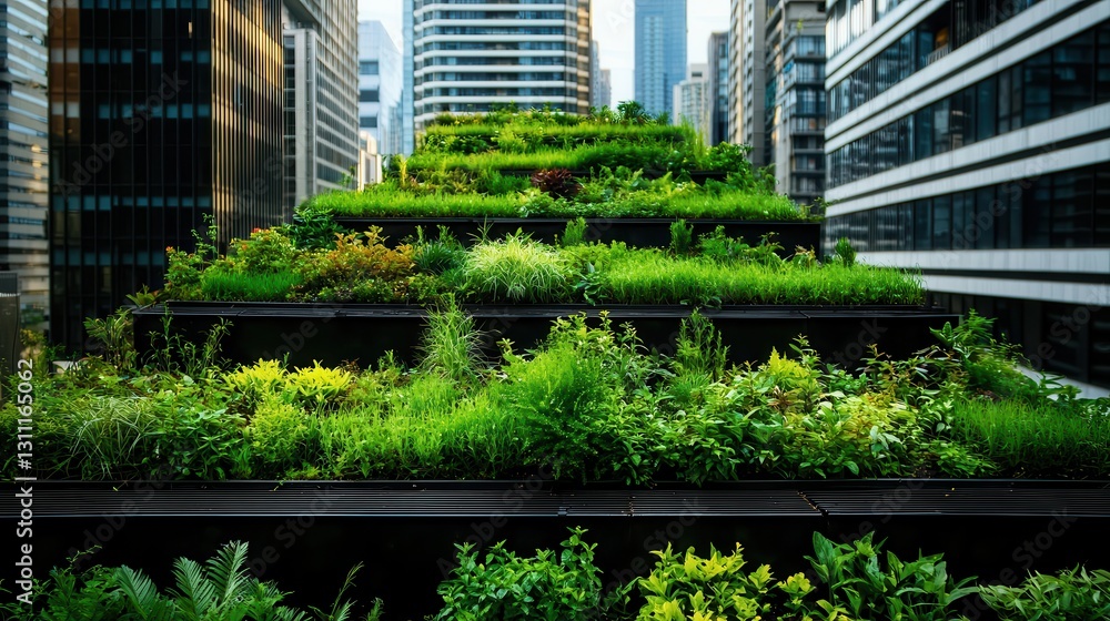 Urban green roof garden with vibrant plants and modern city ...