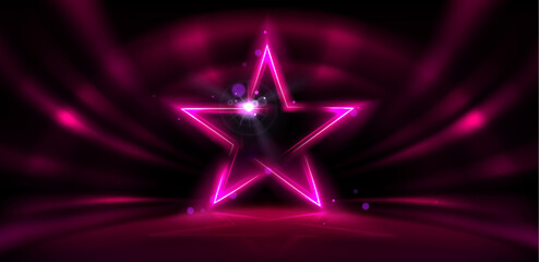 Wall Mural - neon star on dark stage with bright pink light rays. 3d luminous magenta outline on black background