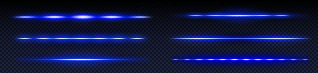 Wall Mural - neon laser beam set in vibrant blue color on transparent background. multiple horizontal light effec