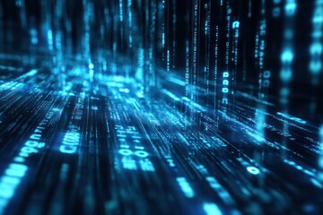 A futuristic blue and black digital background filled with flowing binary code and data streams.