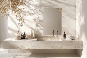 Poster - Modern bathroom design featuring minimalist decor and natural elements in a serene, light-filled space
