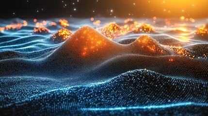 Poster - Abstract landscape with glowing particles and waves, creating mesmerizing visual effect