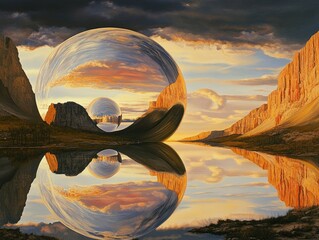 Wall Mural - a serene mountain lake scene with a massive sphere situated in the center, surrounded by lush greene