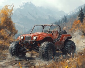 Wall Mural - A vintage-style illustration of a red buggy navigating through a dense forest