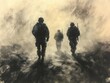 © Alla - Three soldiers walking in a foggy environment