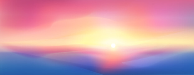 Wall Mural - Purple landscape sunrise view with smooth gradient mountains or clouds silhouette in foreground. Bright sun in pink and yellow sky. Realistic dreamy minimalist horizon background with sunset.