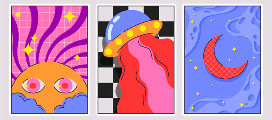 Groovy space poster set with orange sun on pink grid, UFO with red flow light on checkered pattern, crescent on blue starry sky. Retro cosmic collection with vibrant colors for banner design.