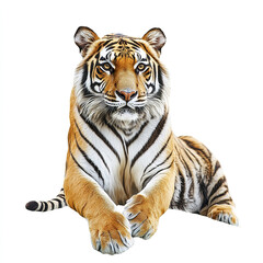 Wall Mural - majestic tiger lies on white background, showcasing its striking stripes