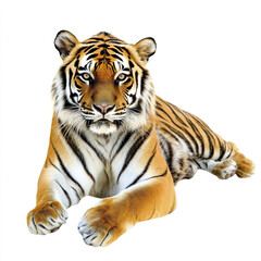 Wall Mural - tiger lying on white background, showcasing its majestic stripes