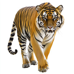 Wall Mural - tiger walking on white background, showcasing its majestic stripes