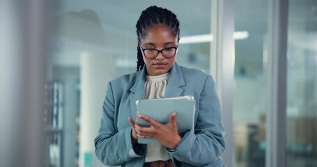 Wall Mural - office, black woman and research with tablet for web designer, software update and scroll online. ca