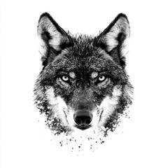 Wall Mural - wolf face with intense gaze on white background