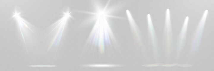 Wall Mural - bright white light explosion with lens flare, rainbow reflections, and sparkles on transparent backg
