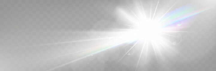 Wall Mural - bright white light explosion with lens flare, rainbow reflections, and sparkles on transparent backg