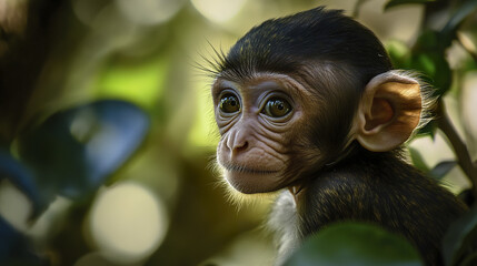 Canvas Print - baby monkey with perked ears in lush forest setting
