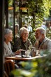 © Галя Дорожинська - Retired friends enjoying coffee and laughter at an outdoor cafe. Generative AI