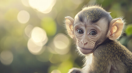 Canvas Print - adorable baby monkey with perked ears in soft sunlight