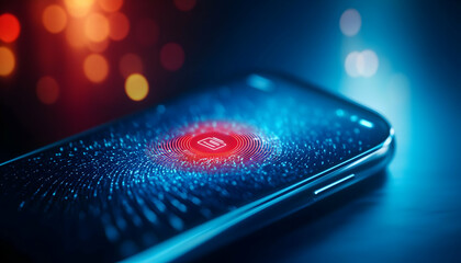 A close-up of a smartphone displaying a vibrant, futuristic interface with digital patterns and glowing elements.