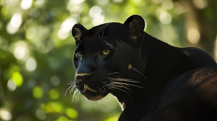Wall Mural - majestic panther headshot with ears perked and deep gaze in sunlight