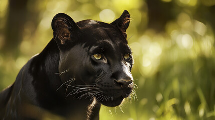 Wall Mural - majestic panther with ears perked and deep gaze in lush greenery