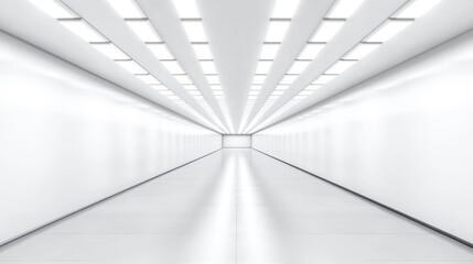 Futuristic white corridor with bright ceiling lights and reflective floors