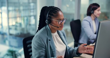 Leinwandbilder - African woman, call center and talking in office for advice, consulting or tech support with headset. Person, happy and communication with voip for contact us, computer or explain steps for solution