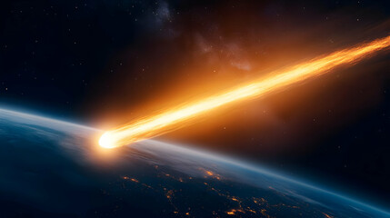 Wall Mural - A stunning view of a meteor entering Earth's atmosphere, creating a bright trail of light against the dark cosmos.