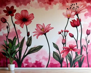 Wall Mural - ai-generated vibrant floral mural with red and pink flowers against a soft pink background