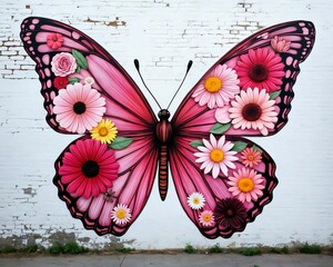 Wall Mural - ai-generated vibrant street art mural of a butterfly with floral wings on a white brick wall