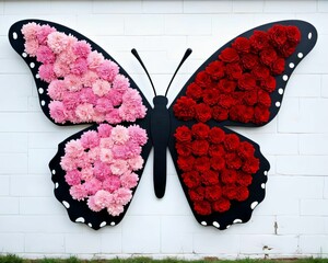 Wall Mural - ai-generated vibrant butterfly wall art made of pink and red flowers on a white background.