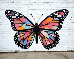Wall Mural - ai-generated vibrant butterfly mural with colorful patterns on a white brick wall