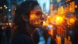 © meta - Woman with glasses gazing at city skyline, digital data overlay reflecting sunset