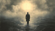 © Sudjai - Man walking in the misty sea. Fantasy illustration background.