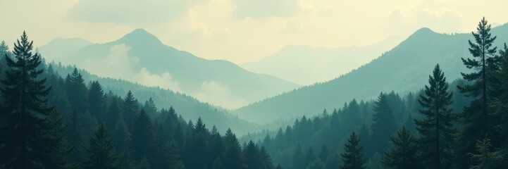 Naklejka na meble Misty mountain fir forest, vintage faded tones, faded, tranquility, atmospheric