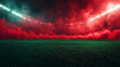 © HUMANIMALS - Red smoke and green grass in football or soccer stadion, background for sport commercials