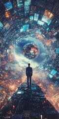 Wall Mural - A man stands in a tunnel with a city in the background